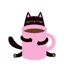 Cat holding pink coffee tea cup. Happy Valentines Day. Black kitten. Good morning. Paws hand. Cute cartoon funny baby animal pet character. Love greeting card. Flat design. White background. Vector