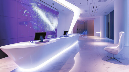 Futuristic lobby with interactive map and sleek design.