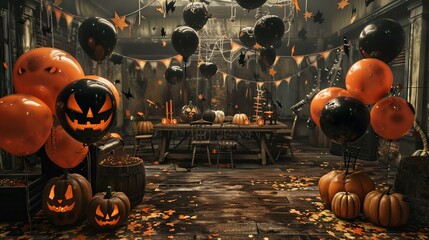 A Halloween party scene with an assortment of pumpkins spooky decorations