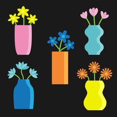Flower in vase set. Different flowers. Glass vases icons. Cute colorful icon collection. Daisy, tulip, gerbera, narcissus. Ceramic Pottery Glass decoration. Black background. Flat design. Vector