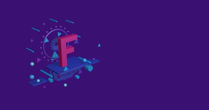 Pink capital letter F symbol on a pedestal of abstract geometric shapes floating in the air. Abstract concept art with flying shapes on the left. 3d illustration on deep purple background