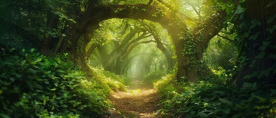 A serene and mystical forest pathway surrounded by lush greenery and ancient trees.