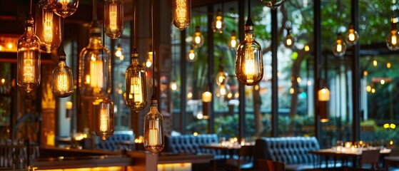 A series of hanging Edison light bulbs emit a cozy warm glow