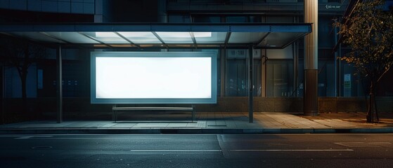 A solitary bus stop with a clean blank billboard illuminated by overhead lights at night