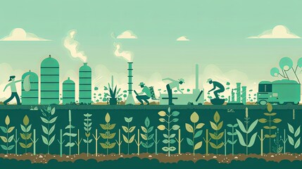 A stylized illustration contrasting industrial facilities with emissions and the dynamic growth of plants in the foreground. Illustration of Industrial Activity and Agricultural Growth

