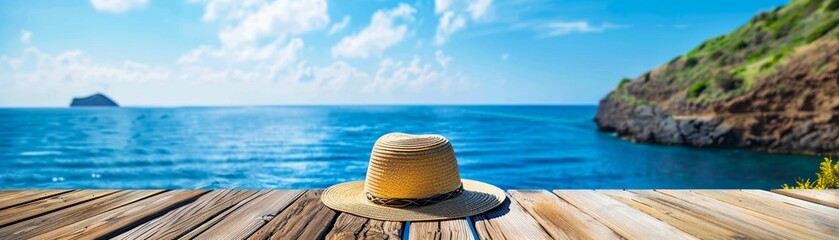 A straw hat resting on a wooden deck with a panoramic view of a secluded cove and deep blue sea under a sunny sky. - obrazy, fototapety, plakaty