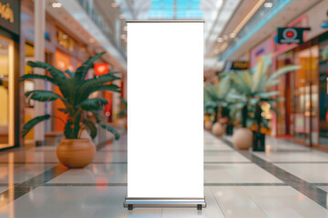 An empty vertical advertising banner stands prominently in a bustling shopping mall corridor with stores in the background.