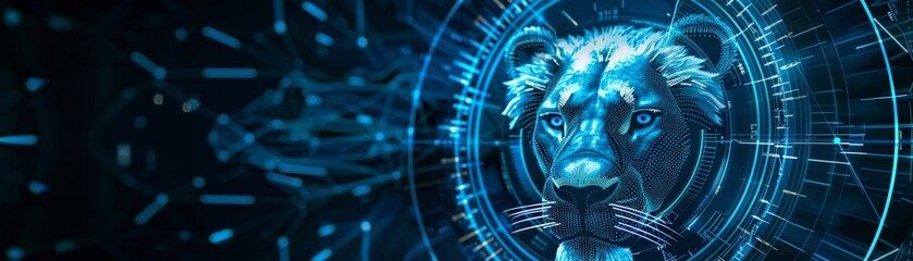 A visually striking digital representation of a lions head with a futuristic cyber interface - obrazy, fototapety, plakaty