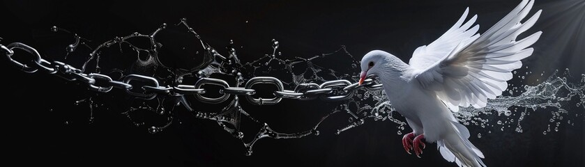 A symbolic representation of a white dove breaking free from metallic chains - obrazy, fototapety, plakaty
