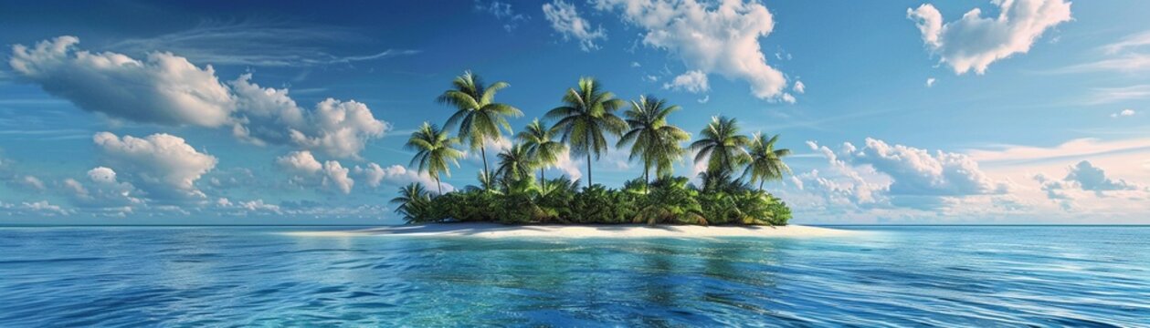 A small deserted island with lush palm trees surrounded by the expansive ocean under a blue sky with fluffy clouds.