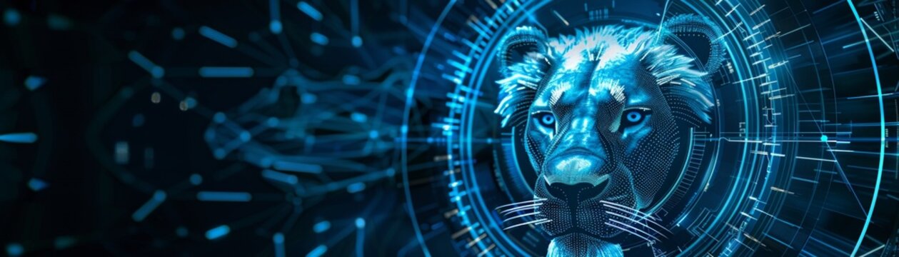 A visually striking digital representation of a lions head with a futuristic cyber interface