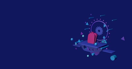 Pink school bag symbol on a pedestal of abstract geometric shapes floating in the air. Abstract concept art with flying shapes on the right. 3d illustration on indigo background