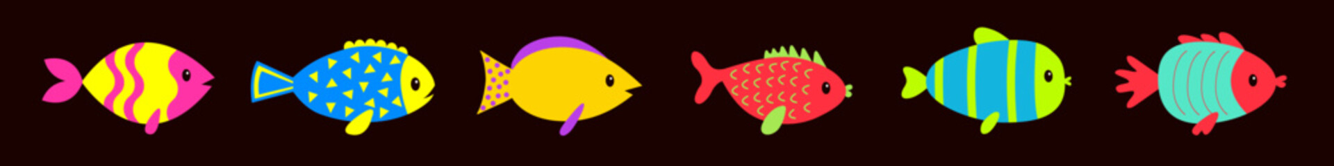Fish icon set line. Marine life. Cartoon cute kawaii funny baby character. Colorful brightly aquarium sea ocean animals. Kids collection. Childish style. Isolated. Black background. Flat design Vector