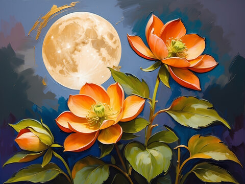 Night blooms: Lilies, lotus, and water lilies grace the serene pond under the starlit sky, painting a picture of natural beauty and tranquility