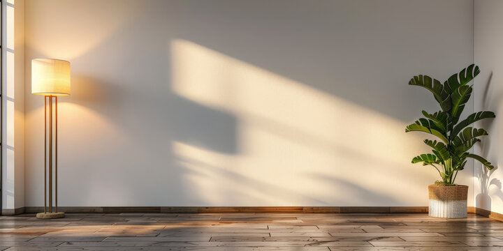 empty room with green plant,  wooden floor and grey walls and ceiling background,empty modern living room with sunlight