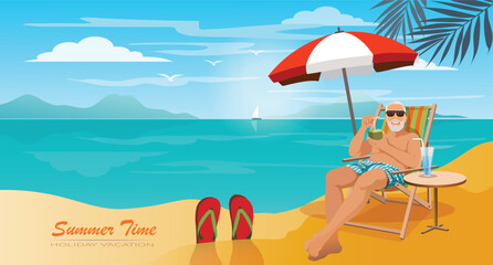 Senior man relaxation sitting on deck chair at tropical beach with coconut juice and  beach umbrella on time to summer in holiday vacation .  illustration