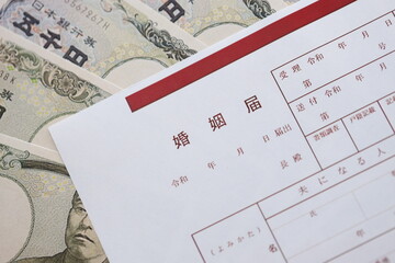 Japanese marriage registration blank document on table close up