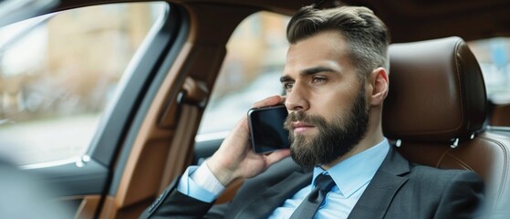 Serious businessman making a phone call while riding in the backseat of a luxury car.