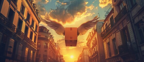 Surreal scene of a flying box with wings soaring through a city street at sunset