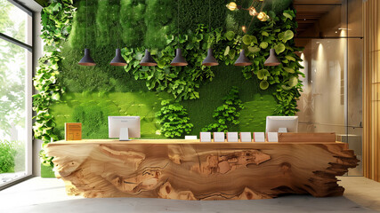 Eco-friendly office reception with living green wall and wooden desk.