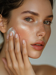 closeup portrait of a young female model applying cream on face