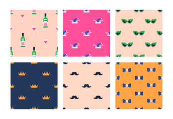 Fototapeta na wymiar Happy Purim, seamless pattern backgrounds set. Festive carnival design with masks, clown hats, wine glasses and bow ties. Jewish party, masquerade, repeating print, texture. Flat vector illustration