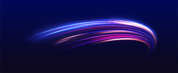 Abstract background in blue and purple neon glow colors. Vector blue glowing lines air flow effect. Speed connection background.	