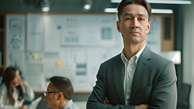 A Chinese leader stands in front of a whiteboard, encouraging and motivating team members.generative ai