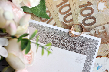 Fototapeta premium Canadian Certificate of registration of marriage blank document and wedding ring with canadian dollars close up