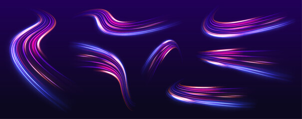 Speed connection vector background. A large set of low-poly designs made of thin lines in the form of branches, spirals and arcs. Light and stripes moving fast over dark background.	