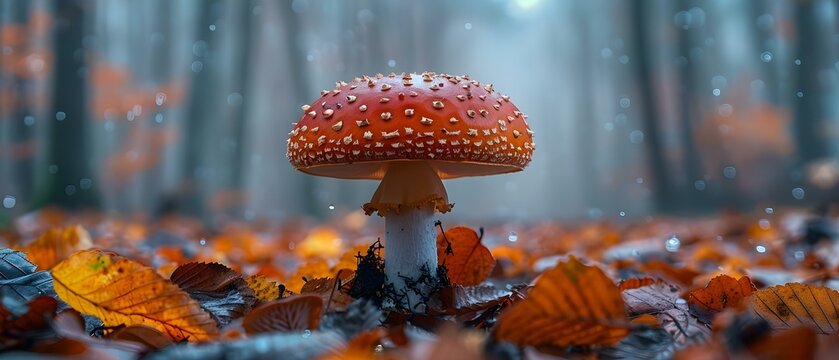 A Red or Orange Amanita Muscaria Mushroom in a Forest Setting with Blurred Background. Concept Forest, Mushroom, Amanita Muscaria, Red, Orange