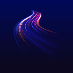 Long exposure of motorways as speed. Neon spiral lines in yellow blue and purple colors. Image of speed motion on the road.	