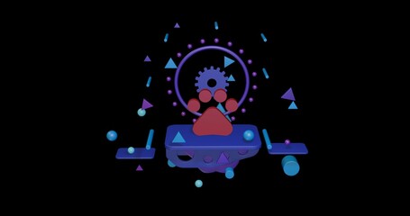 Red pet symbol on a pedestal of abstract geometric shapes floating in the air. Abstract concept art with flying shapes in the center. 3d illustration on black background