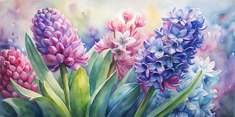 Beautiful Hyacinths painted with watercolor, Hyacinths In Watercolor, Spring Watercolor flowers, Spring Background