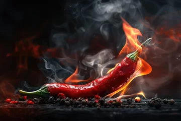 Fotobehang Images of a fiery red chili, a black background, and the idea of hot,Red chili pepper close-up in a burning flame on a black © PX Studio