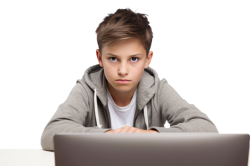 boy sitting in front of computer Playing a fun game ,Isolated on white background