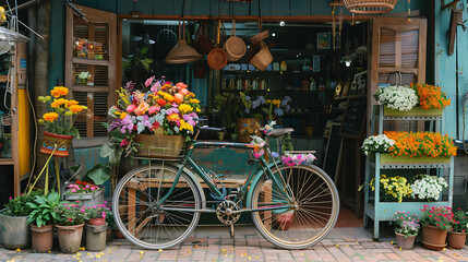 Fototapeta na wymiar An old antique bicycle decorated with colorful flowers and a basket filled with souvenirs for Mom. in front of the shop. AI generated