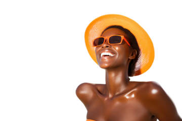 Black woman applying sunscreen, bright atmosphere, taking care of herself. Isolated on white background.