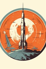 Vintage space rocket illustration in retro style for cosmonautics day celebration concept - obrazy, fototapety, plakaty