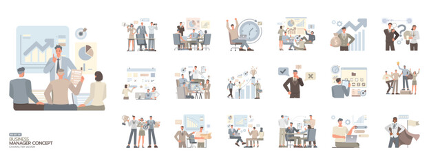 Set of Business manager concept. Includes management, coaching, development, empowerment, goal setting, leadership, motivation, organization illustration. Office man and woman character vector design.