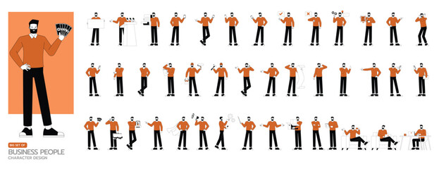 Big Set of office man wear orange shirt character flat and minimal vector illustration design style. Presentation in various action. People working in office planning, thinking and economic analysis.
