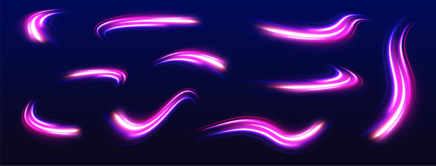 Speed connection vector background. A large set of low-poly designs made of thin lines in the form of branches, spirals and arcs. Light and stripes moving fast over dark background.	