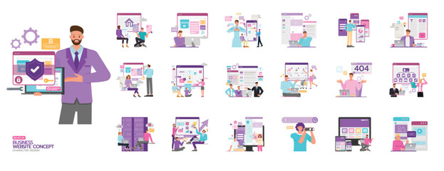 Set of Website concept. Includes internet, connection, SEO, security, server, interactive, error page, e- commerce, development illustration. Office man and woman character vector design.