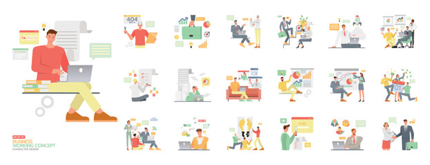 Set of Business working concept. Includes job, network, office, project, presentation, research, salary, success, teamwork, technician illustration. Office man and woman character vector design.