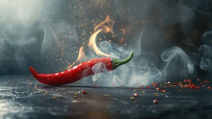 Red hot chili pepper with smoke coming out of the tip that is burning and glowing,A flaming hot red chilli pepper on fire,Hot chili peppers on wooden background with fire and smoke. Selective focus
