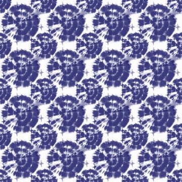 Indigo shibori tie dye seamless pattern watercolor painted indigo  circle elements on a white background Abstract colored texture printed for textile, fabric, wallpaper, wrapping paper,batik,cloth.