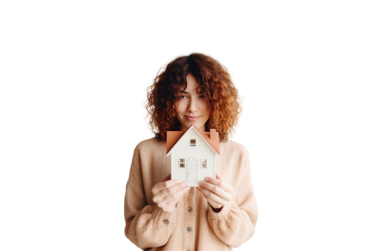 A young woman is aiming to buy her first home. dreamy atmosphere want the best. Isolated on transparent background.