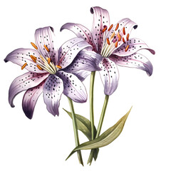 Illustration of purple lilies with dark speckles and green leaves