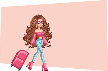 Cartoon brunette girl with luggage walking and holding a pink bag and travel suitcase, full body pictures, wearing jeans and pink crop top. Travel themed banner design. - 780365920