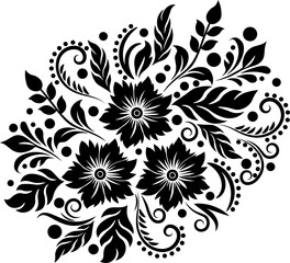 Intricate black and white design with floral elements. The monochrome palette, complex floral design, making it an ideal choice for projects seeking a touch of sophistication and artistry. - 780366153